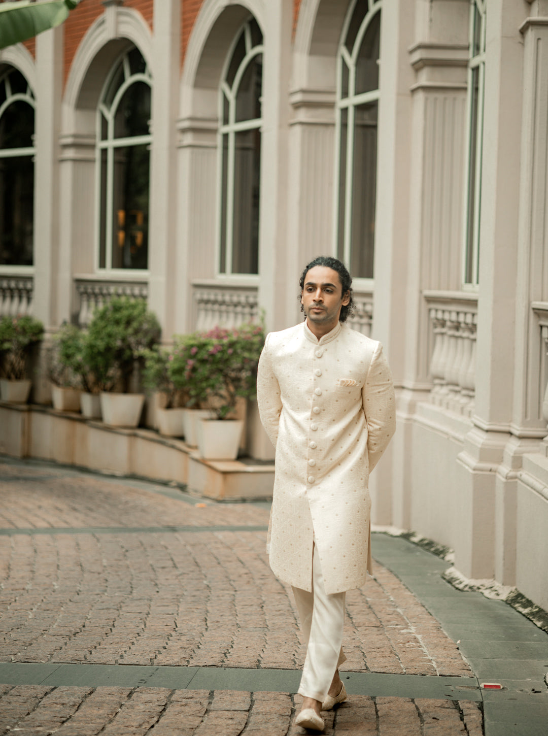 Cream Silk Sherwani with Straight Cut Style and Mandarin Collar