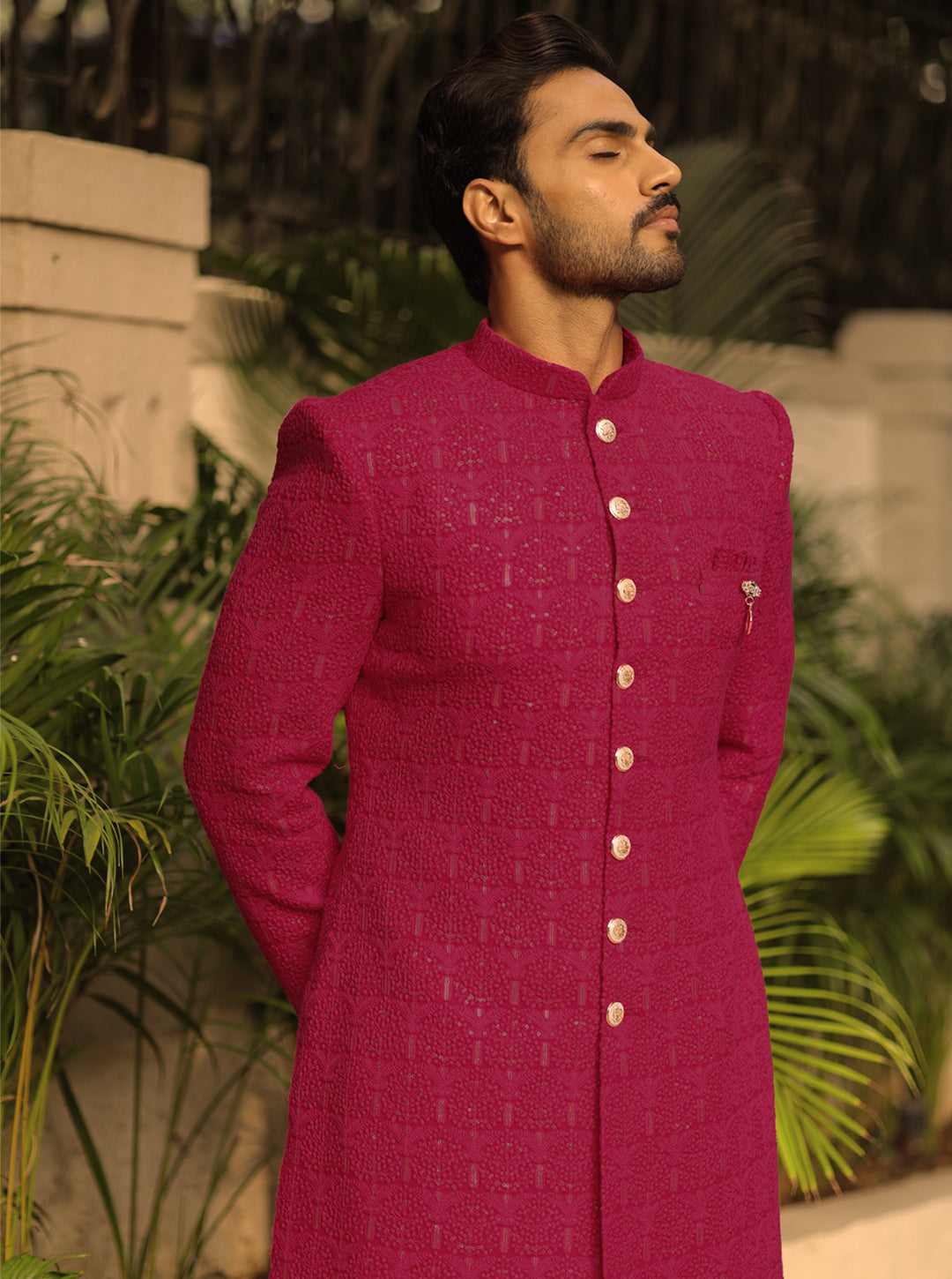Magenta Silk Embroidered Sherwani with Straight Cut Style and Mandarin Collar