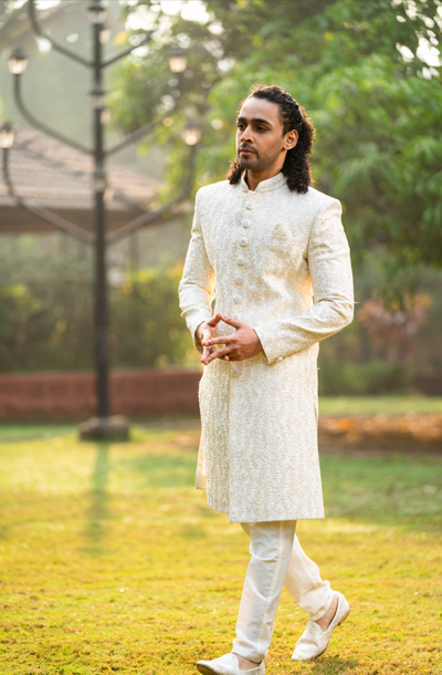 Rajsi راجسی Embroidered Cream Silk Sherwani