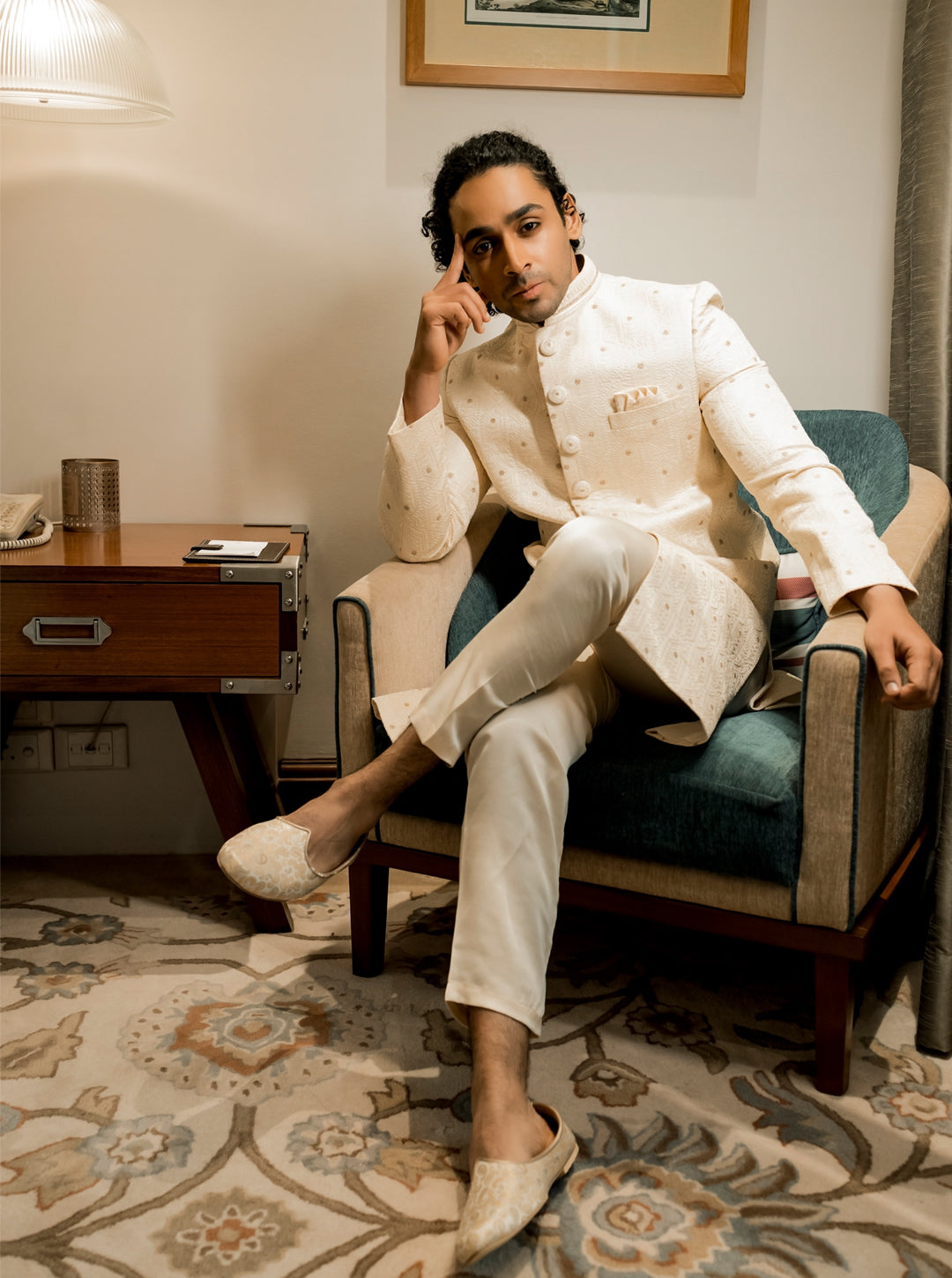 Cream Silk Sherwani with Straight Cut Style and Mandarin Collar