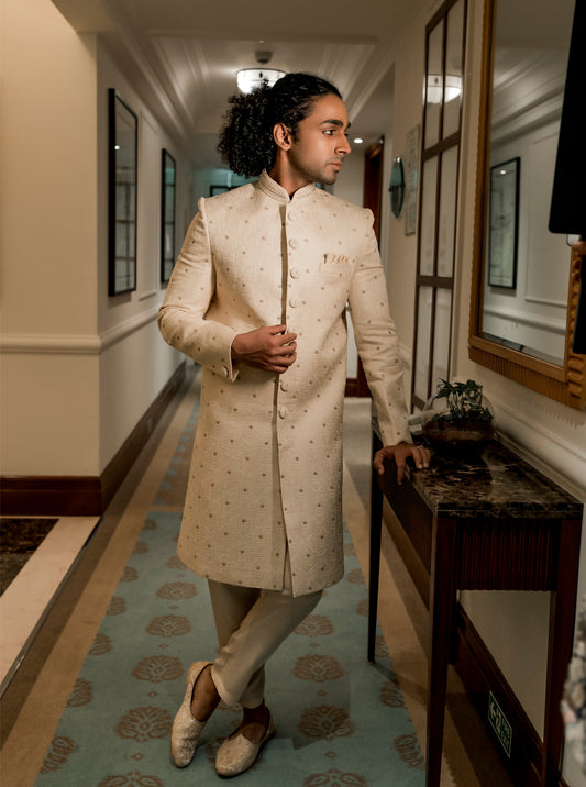 Cream Silk Sherwani with Straight Cut Style and Mandarin Collar