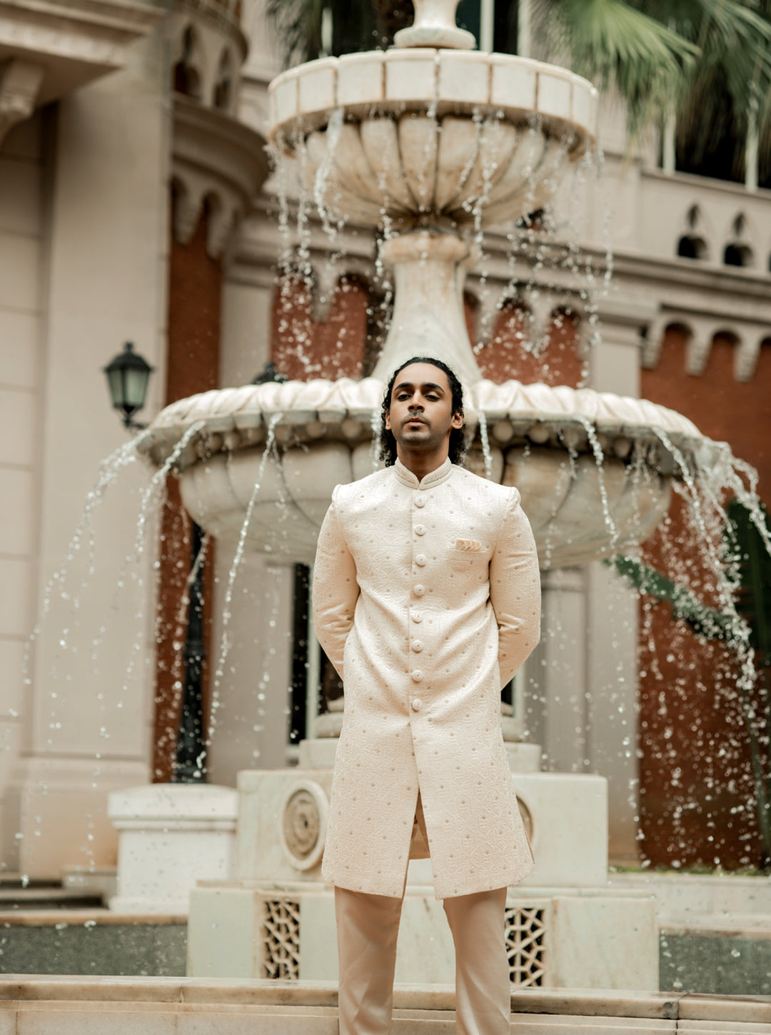 Cream Silk Sherwani with Straight Cut Style and Mandarin Collar