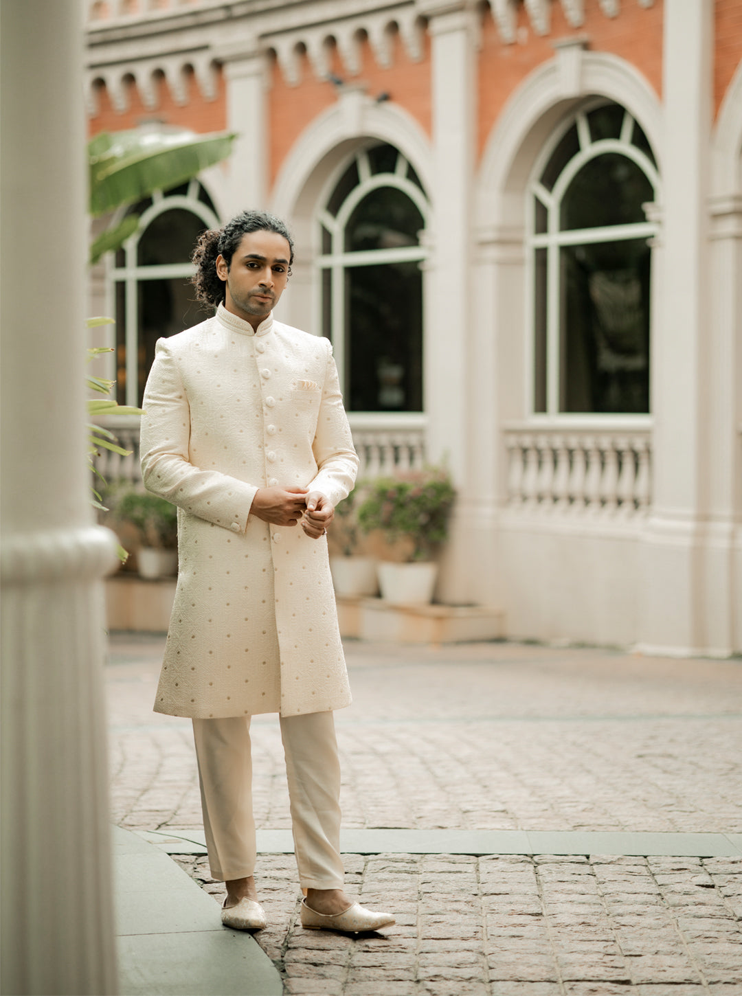 Cream Silk Sherwani with Straight Cut Style and Mandarin Collar