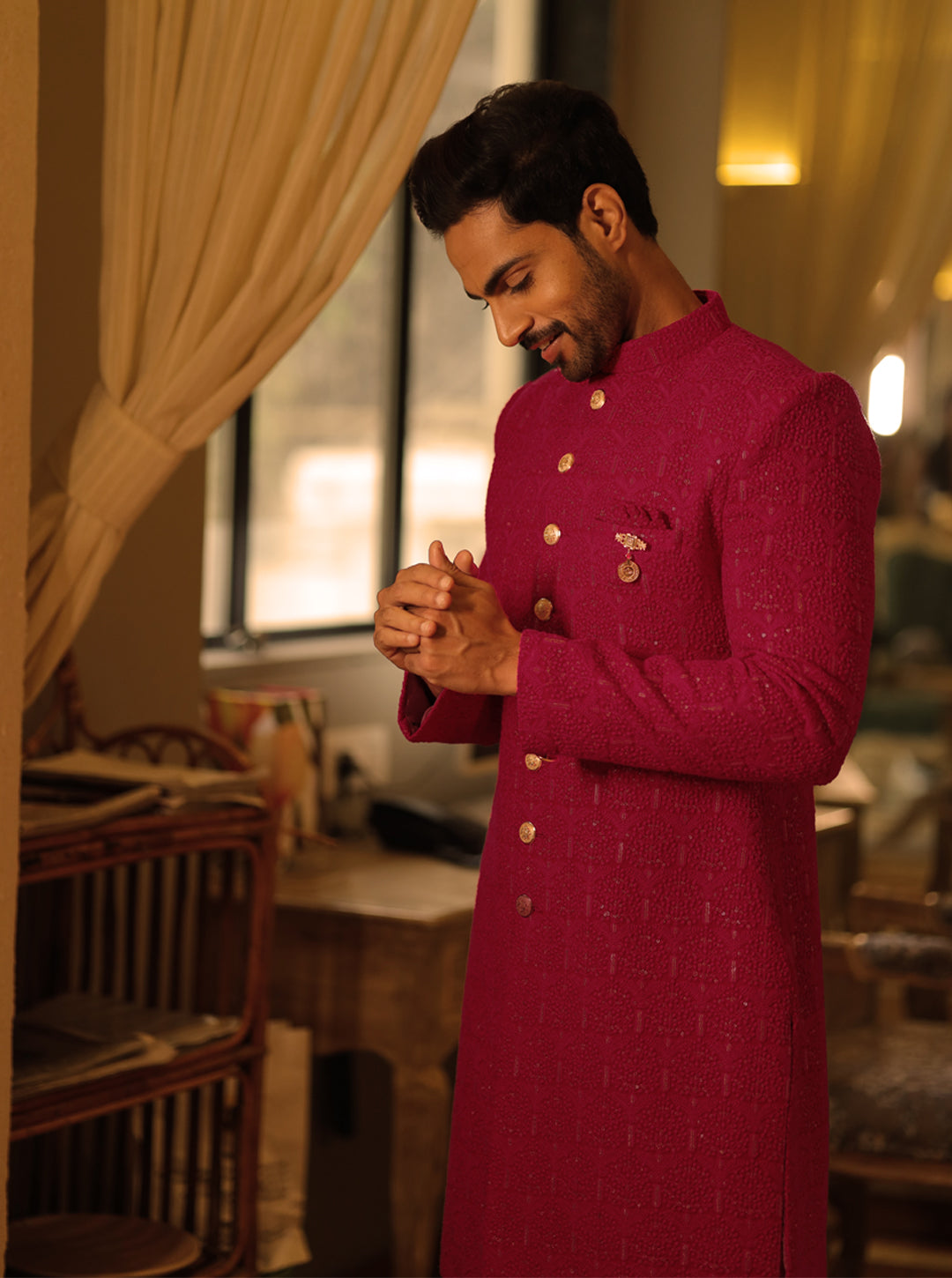 Magenta Silk Embroidered Sherwani with Straight Cut Style and Mandarin Collar