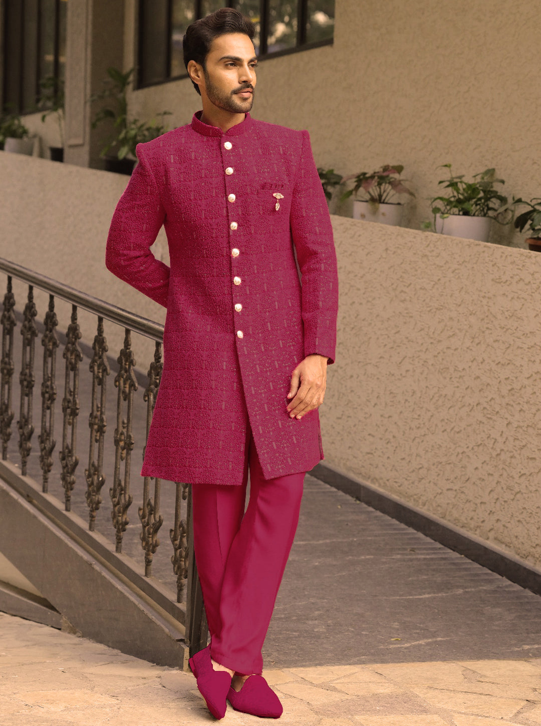 Magenta Silk Embroidered Sherwani with Straight Cut Style and Mandarin Collar